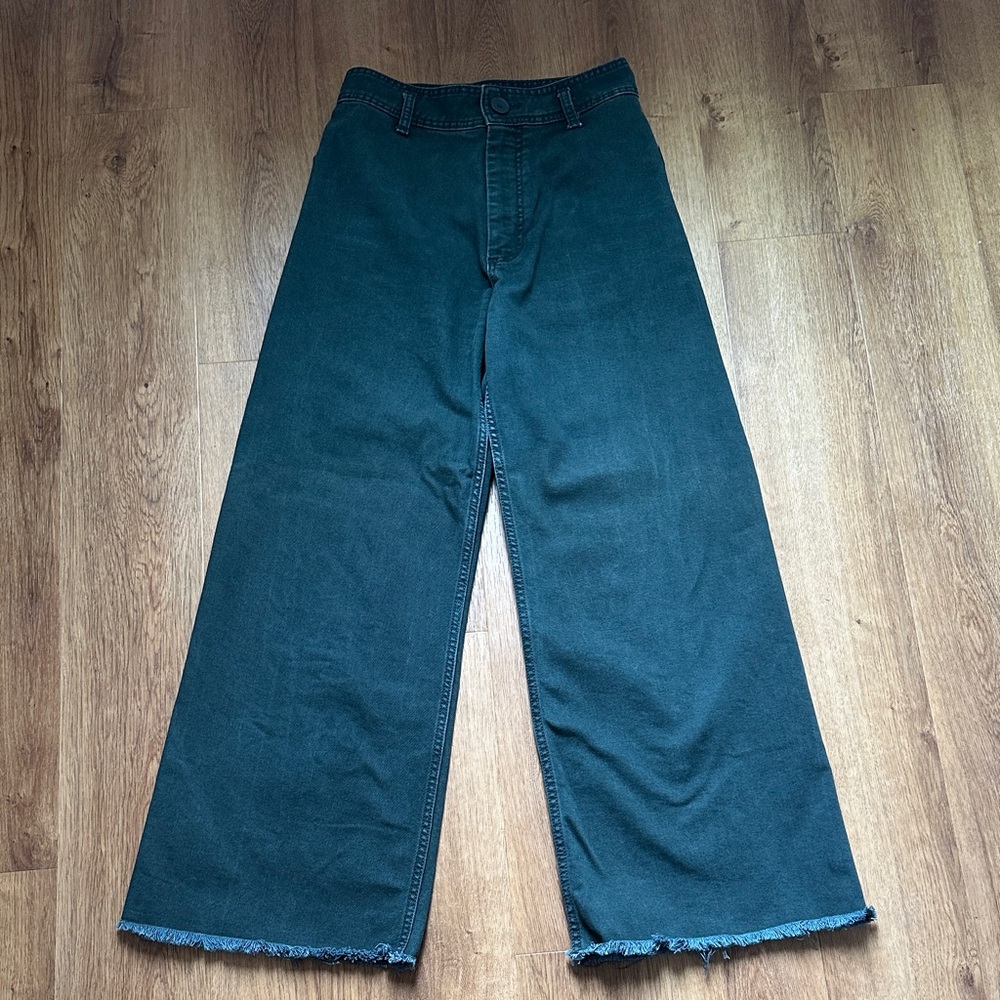 Zara Women’s Deep‎ Green High Rise Wide Leg Raw Hem Pants Size 6